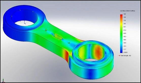 FEA render of a connecting rod showing von Mises stress in a blue-to-red colour map